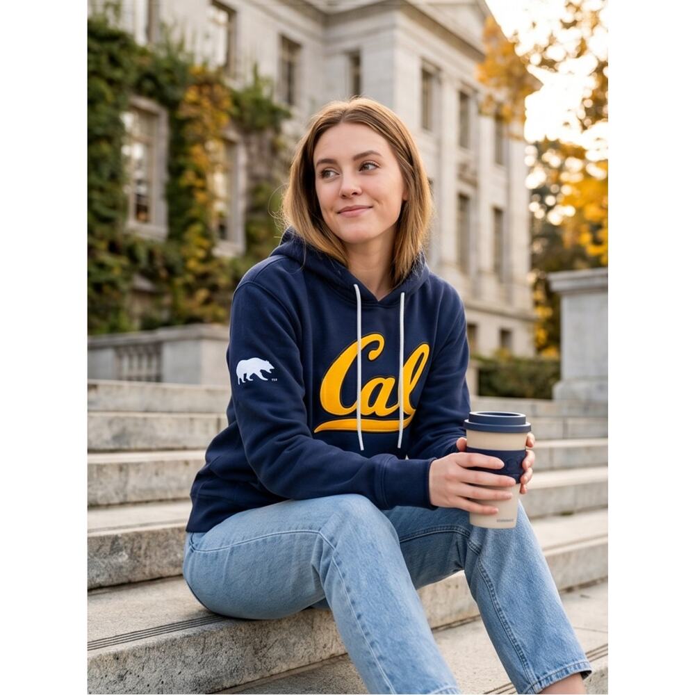 Signature Navy Crewneck Hoodie with Yellow "Cal" Script